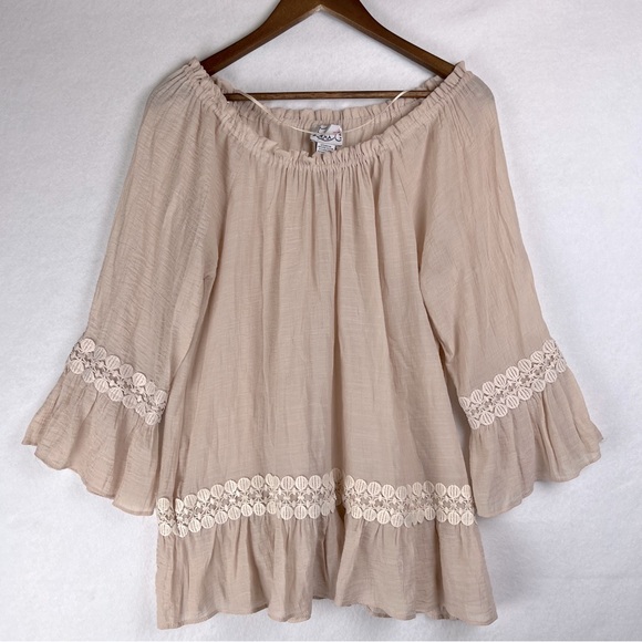 Emma G Tops - Lightweight Gauzy Crochet Off Shoulder Bell Sleeve Ruffled Boho Chic Fairycore